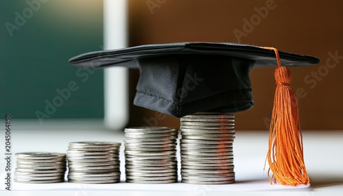 Graduation cap atop a rising stack of coins