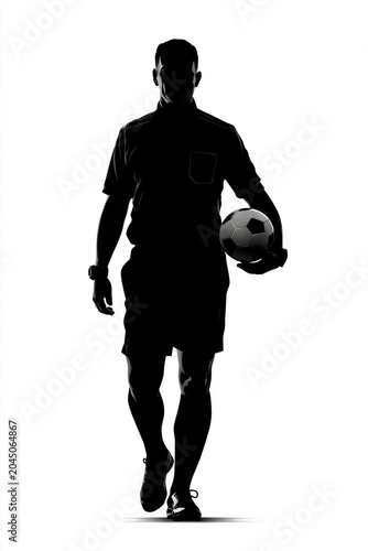 Silhouette of male soccer referee walking forward holding a classic black and white soccer ball isolated on white background for sport concept