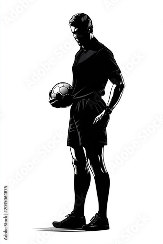 Silhouette of male soccer player standing with ball looking down in sportswear isolated on white background for competition