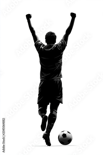Silhouette of excited soccer player celebrating with raised arms near ball on white background with dynamic pose and energy