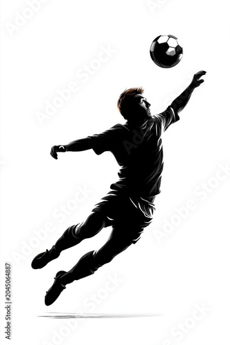 Professional soccer player in mid-air jumping to head or catch a football during an intense dynamic game moment in action