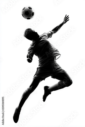 Dynamic silhouette of male soccer player in mid-air performing a header with a classic black and white football on white background