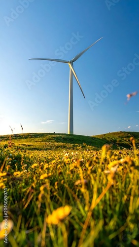 Tall White Wind Turbine Standing Above Yellow Wildflower Field Under Clear Blue Sky