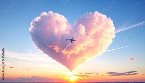 Romantic Heart Cloud by Airplane Contrails at Sunset
