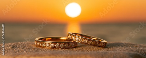 Two gold diamond rings rest on beach sand at sunset