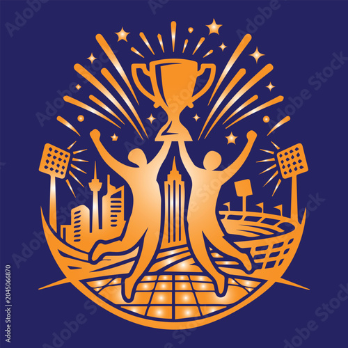 Victory celebration with golden trophy and city skyline under starry night sky