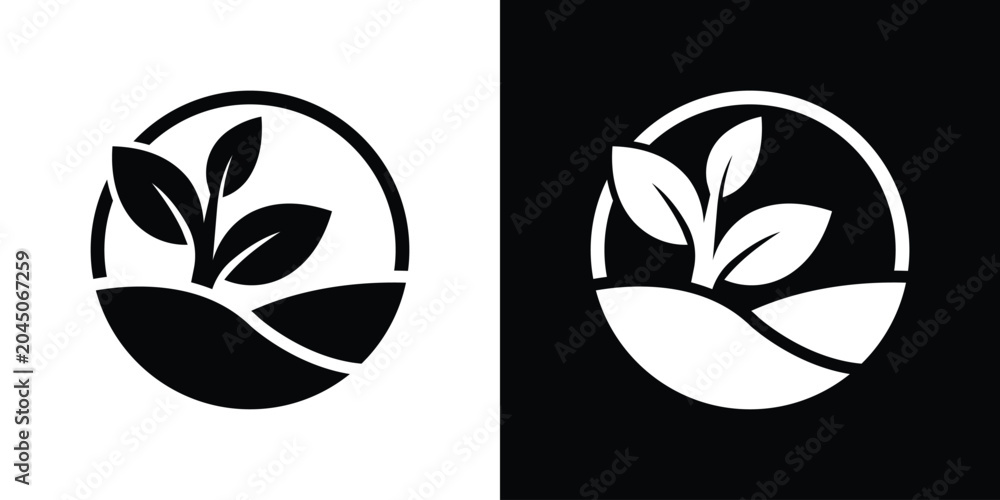 Obraz premium Abstract plant sprout growing on a rolling hill terrain inside a circular badge icon frame.