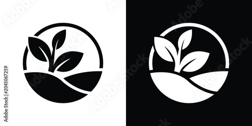 Abstract plant sprout growing on a rolling hill terrain inside a circular badge icon frame.