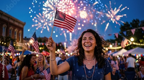 Young woman smiling, holding an American flag, celebrating Independence Day on July 4 in the United States.