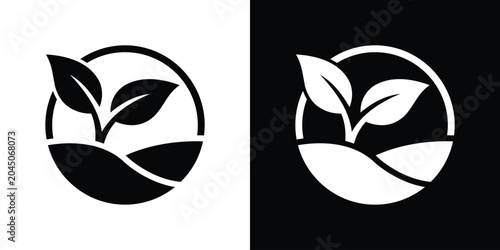 Foto Abstract plant sprout growing on a rolling hill terrain inside a circular badge icon frame