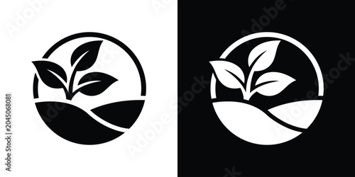 Photos Abstract plant sprout growing on a rolling hill terrain inside a circular badge icon frame