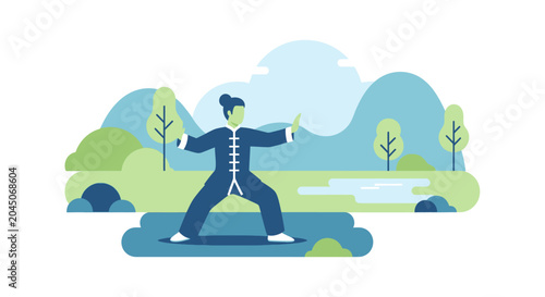 Tai Chi Practitioner in Peaceful Nature Landscape Illustration - Vector Martial Arts and Wellness Concept