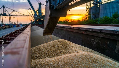 Industrial grain loading operation with chute and cargo container