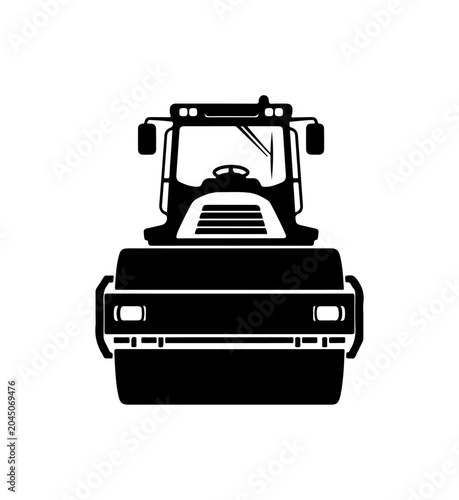 Black and white combine harvester, agricultural tractor, farming vehicle, illustration