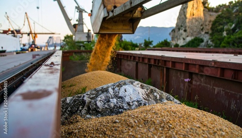Industrial grain loading operation with chute and cargo container