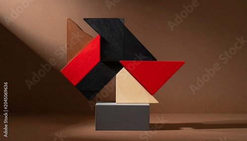 Geometric wooden block sculpture with angular abstract design