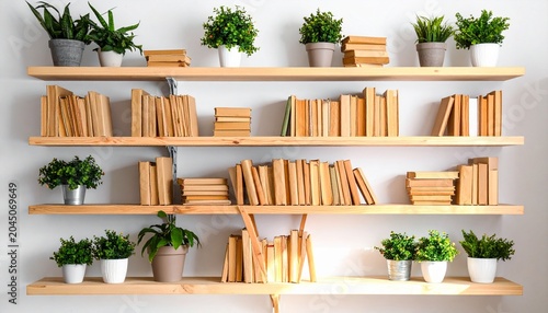 Minimalist wooden shelves with books and plants arrangement