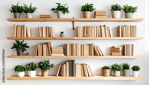 Minimalist wooden shelves with books and plants arrangement
