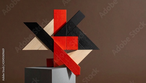 Geometric wooden block sculpture with angular abstract design