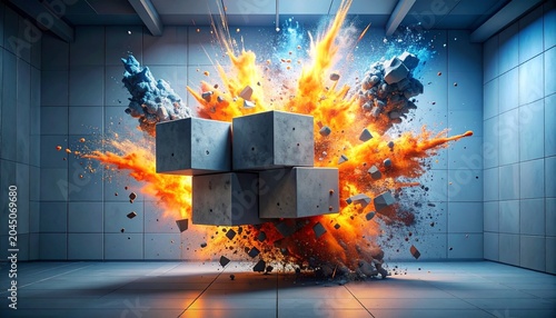 Concrete cubes suspended with fiery colorful explosion impact