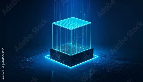 Glowing holographic cube suspended above futuristic digital base