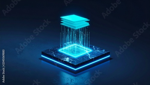 Futuristic glowing platform with digital data energy layers