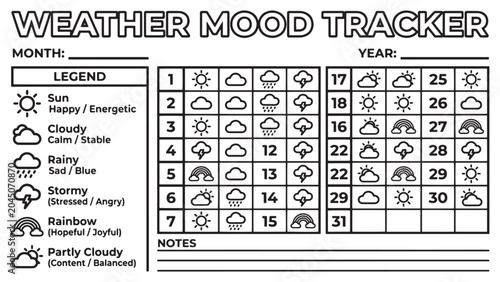 Schilderij op canvas Weather mood tracker monthly worksheet with calendar grid, legend icons, notes section, black and white printable planner for mindfulness and emotional journaling