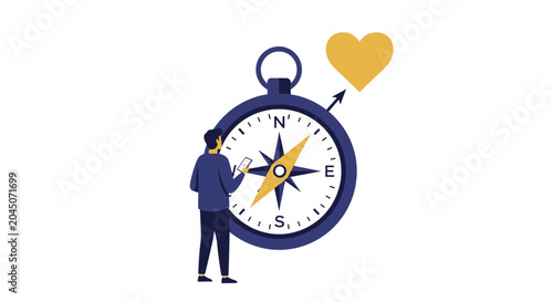 Man Using Giant Compass Pointing to Heart Symbol, Dating App and Finding Love Conceptual Flat Vector Illustration
