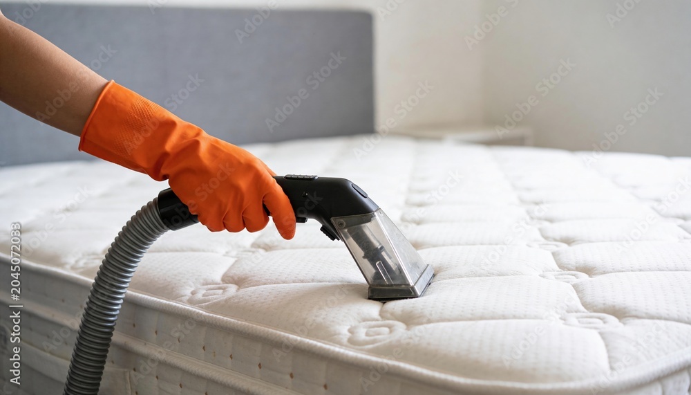 Fototapeta premium A person wearing orange gloves vacuums a mattress with a handheld vacuum cleaner. The mattress is white with a quilted pattern, placed on a bed frame.