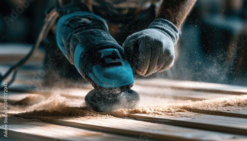 A gloved hand operates a vibrating tool, creating fine wood dust on a surface