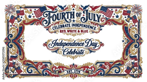 Tableau sur toile Decorative Fourth of July calligraphy frame, ornamental swashes and patriotic embellishments, isolated vector design