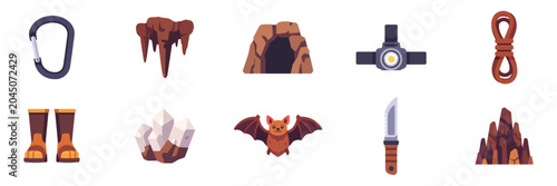 Fotografía Set of caving and cave exploration equipment icons with rope, carabiner, headlam
