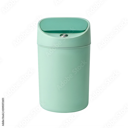 Light green cylindrical trash can on floor isolated on white background