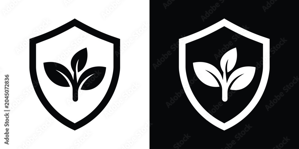 Fototapeta premium Minimalist plant sprout inside a shield emblem frame. Nature protection, environmental defense, and eco security vector icon.