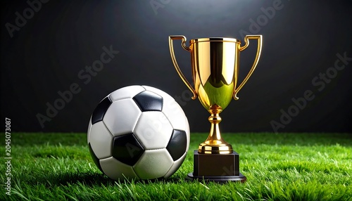 Championship Trophy and Soccer Ball on Grass Field