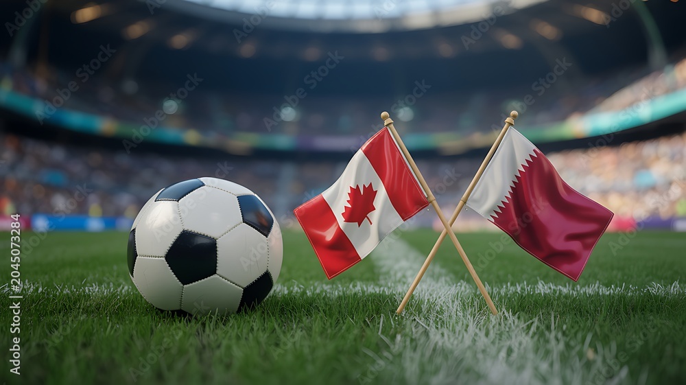 Naklejka premium Soccer ball on grass with flags of Canada and Qatar on the pitch in a large professional stadium
