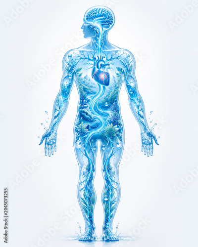 A 3D transparent blue human figure shows veins and anatomy on a light background.