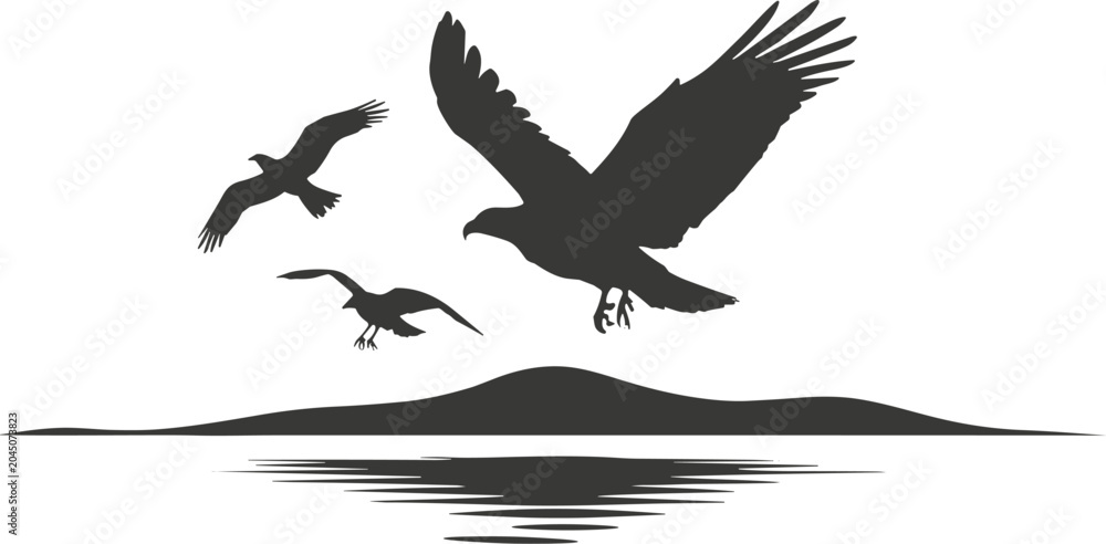 Fototapeta premium Eagle and Birds Silhouette Flying Over Water and Mountain