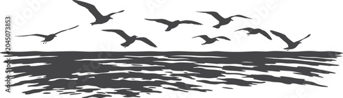 Bild auf Leinwand Flock of seagulls flying over choppy water Keywords: seagulls, birds, flying, fl