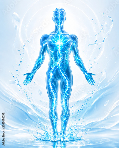A glowing 3D blue human figure rises from water in a hydration concept.