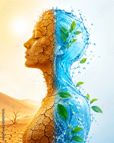 A female silhouette shows the contrast between drought and water renewal.