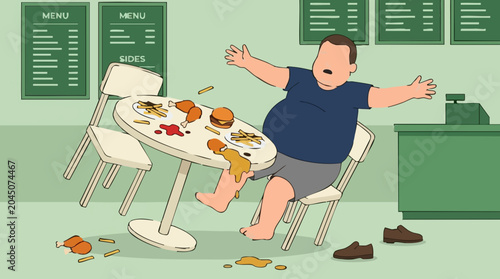 Schilderij op canvas Overweight man falls from chair, spilling fast food in restaurant