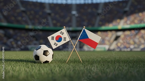 Soccer ball on green field with South Korea and Czech Republic flags in a large professional stadium