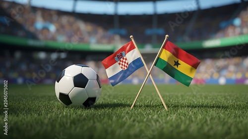 Soccer ball on grass field with flags of Croatia and Ghana in a professional football stadium background