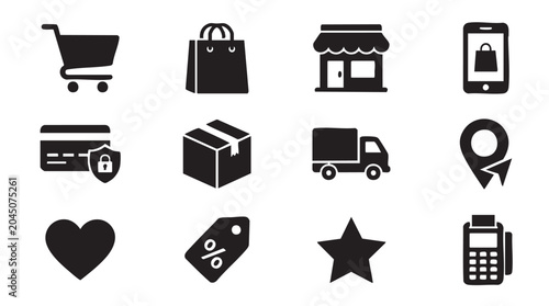 Collection of black shopping delivery and payment icons including cart shopping bag storefront mobile device credit card package delivery truck location pin heart discount tag star and calculator