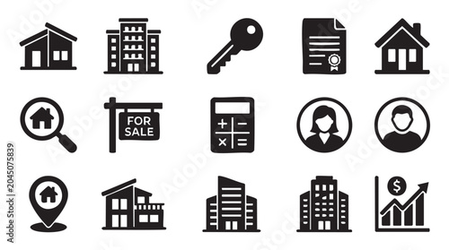 Real estate icons set with houses buildings key calculator and business people for property investment and sale concepts