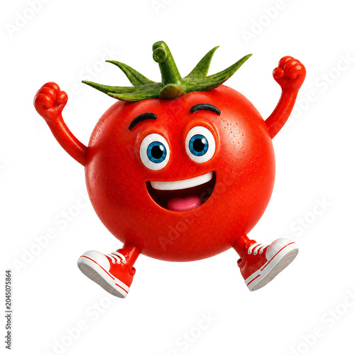 A cheerful 3D tomato character jumps on a white background.
