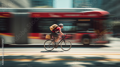 Cyclist courier racing along a city bike lane beside a red bus in bright daylight captured with a sharp panning motion that blurs the urban backdrop