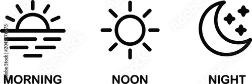 Foto Time, of day icons vector set, sunrise daylight and starry moon symbols for lifestyle planning and forecast interface graphics