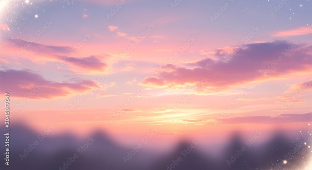 Fototapeta premium Brilliant pastel hues illuminate the sky above a hazy landscape during twilight.